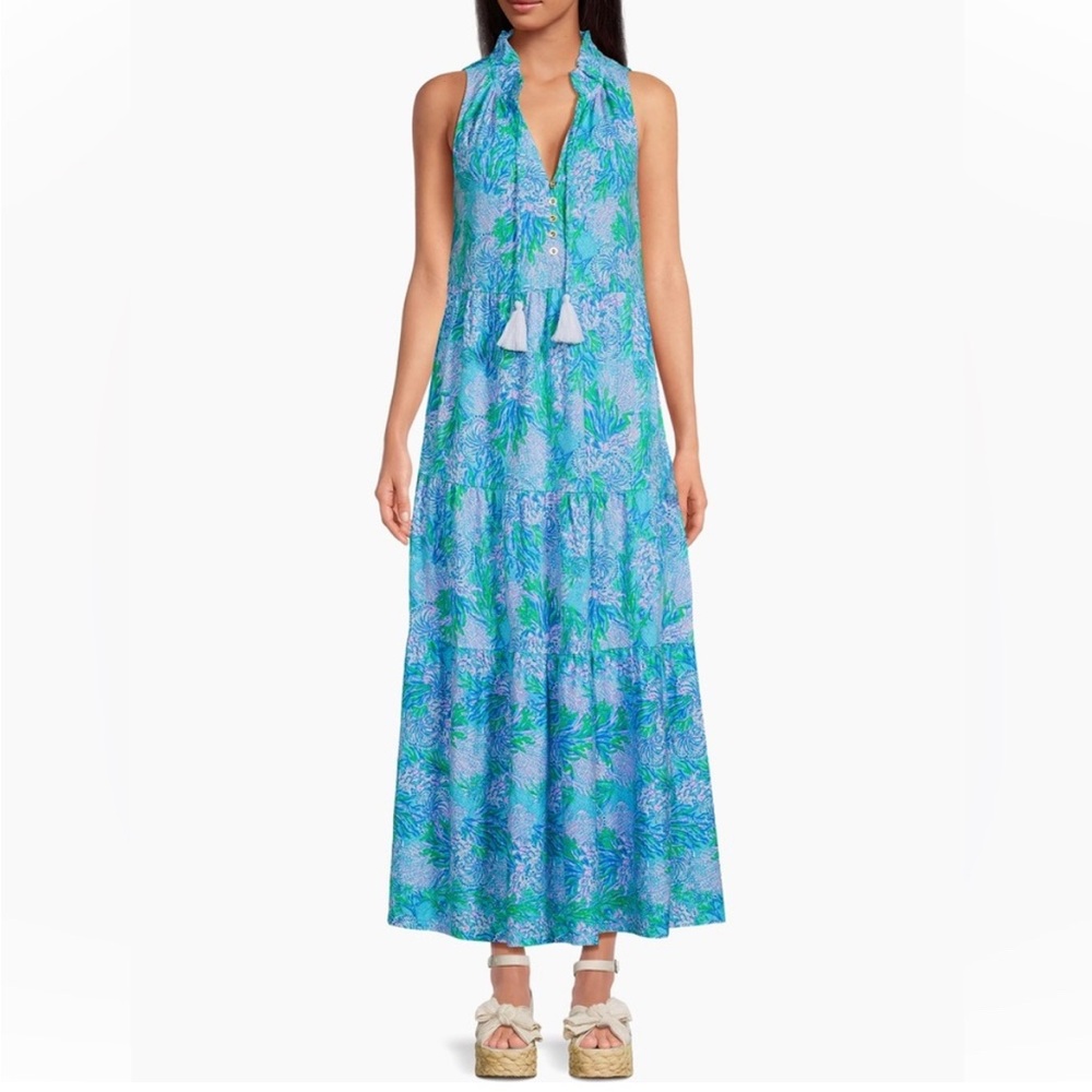 Lilly Pulitzer Malone Cotton Maxi Dress in Las Olas‎ Aqua Strong Current Sea XS